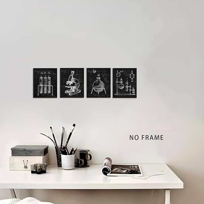 Chemistry Wall Art,Black and White Science Explore Poster 8x10Inch | Science Classroom Poster for Laboratory Kids Playroom Bedroom Classroom Bulletin Board Art Print Set of 4 Unframed