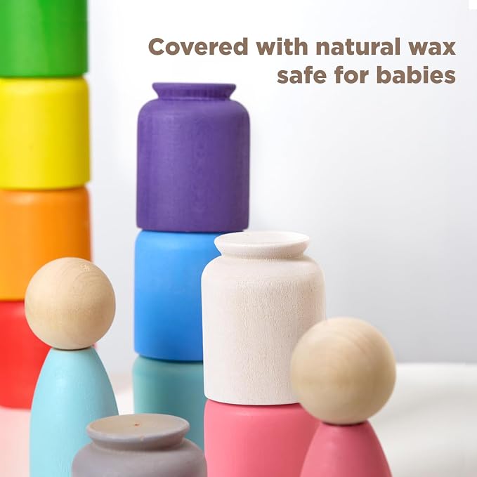 Ulanik Peg Dolls in Cups Montessori Toys for 1 Year Old | Open-ended wooden sorting set; 12 clear colors; cups and birch tray for easy storage