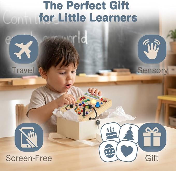 RichBoy Busy Boards, Lights Switch-Style, Wooden, 37-in-1, Medium | Toddlers Birthday Gifts, Montessori Toys, Autism Sensory, Fine Motor Skills, Educational Learning, Travel Essentials