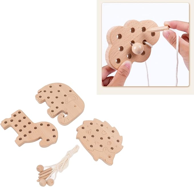 Fabater Wooden Lacing Toy for Toddlers - Animal Style Threading Toy, Safe Beech Wood Lace Block, Fine Motor Skill Early Education, 3-Pack Learning for Kids