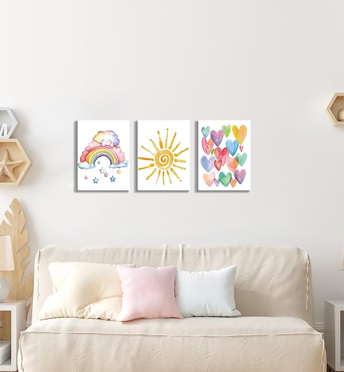 Rainbow Sun Heart Framed Canvas Wall Art,Pink Watercolor Decor 12x16in | Boho Rainbow Nursery Canvas Painting Bedroom Bathroom Classroom Wood Framed