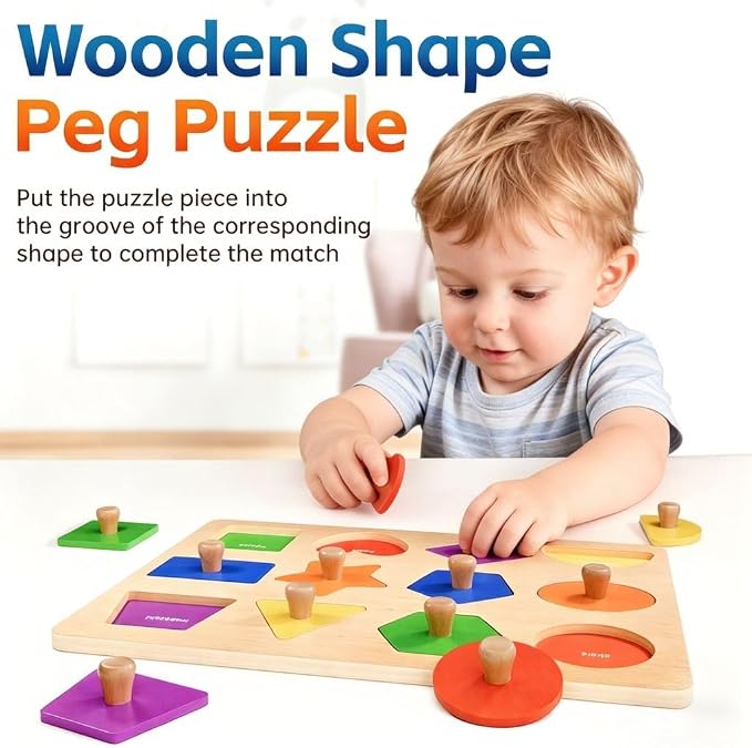 Wooden Shape Peg Puzzles for Toddlers 1 2 3 Year Old Boys Girls Gifts: Shape Sorter & Color Match Baby Puzzles 12-18-24 Months - Montessori Toys for 1 2 3 Year Old Toddler Learning Activities