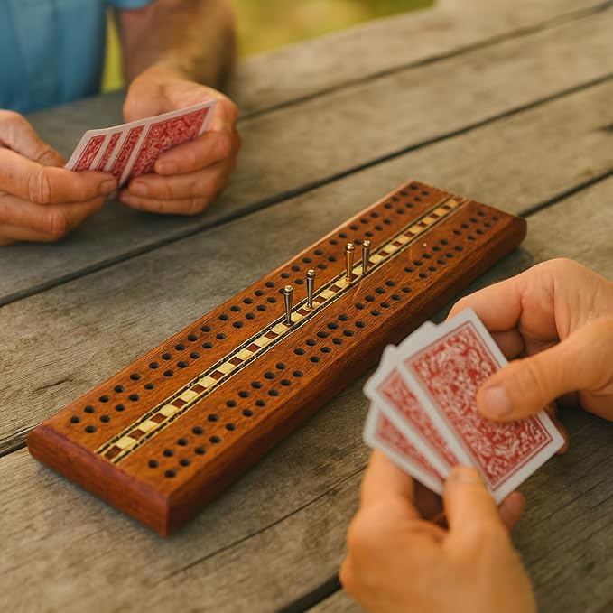 Sterling Games Wooden Cribbage 12 inch Double Track Cribbage Board with Rich Italian Inlaid for 2 Players Playing Cards Included