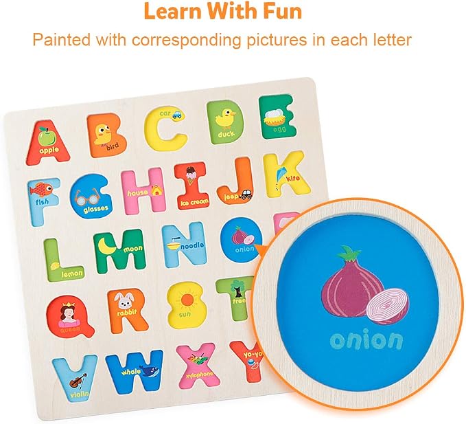 Coogam Wooden Alphabet Puzzle – ABC Letters Sorting Board Blocks Montessori Matching Game Jigsaw Educational Early Learning Toy Gift for Preschool Year Old Kids