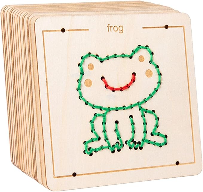 Wooden Lacing Sewing Cards Kit, Fine Motor Montessori Handcraft Educational Toy for Kids,Four piece Set