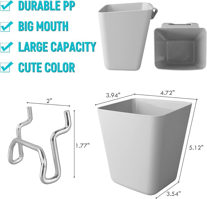 Large Pegboard Cups, 6Pack Peg Board Square Storage Bins With Hooks (Grey) | Big Open-Mouth Cups, 1/8" 1/4" Pegboard Organizer Accessories, Cup Holder for Craft Garage Workbench Office Tools Supplies