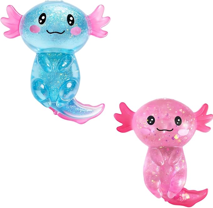 2 Pcs Axolotl Squishy Stress Relief Toy, Stretchy Axolotls Stress Soft Squeeze Sensory Fidget Toys for Kids Adults, Cute Axolotls Squishies Party Favors Classroom (BluePink)