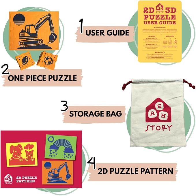 2D & 3D Foam Puzzle for Kids Ages 3+, Excavator Construction Travel Toy, Quiet Screen-Free Busy Bag for Airplanes & Road Trips, Montessori STEM Learning Activity – Orange