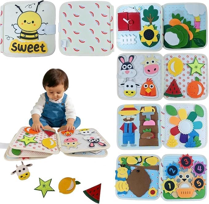 GOODMOM Bee Sensory Busy Book for Toddlers1-3 – Quiet Book with Fun Mirror, 10 Pages Interactive Activities, Educational Travel Toy, Gifts for Boys & Girls