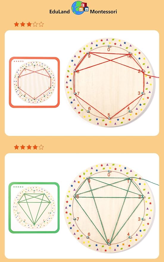 EduLand Montessori Wooden Peg Board Winding Patterns Game - Learning & Development Toy - 3+ Years - Includes 4 Colors Wool, 20 Pattern Cards, Wooden Pegboard