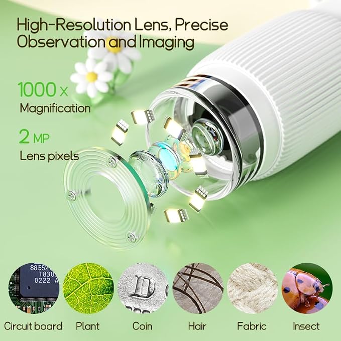 Kids Microscope with 50X-1000X Zoom, Lightweight Educational Toys Microscope for Kids to Explore Nature, Handheld Microscope with 2" Screen for School and Outdoor Travel （White）