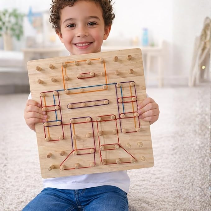 Lattooland Wooden Geoboard (8x8 Big Size) with Wooden Pegs | NO Nails | Brain Board Montessori STEM Toy for Kids | 42 Pattern Cards, Bands | Math Geometry Educational Game 3 4 5 6 Year Boys Girls