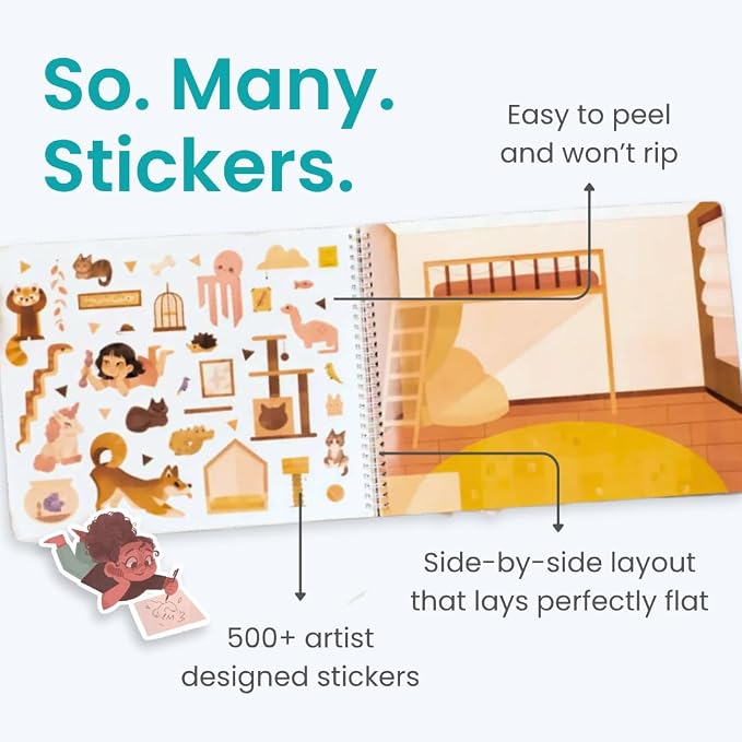 Cupkin All The Different Rooms Coloring & Sticker Book | 500+ Stickers | Spiral-bound kids craft format with 12 scenes, 12 art pages, side-by-side viewing, and an easy-peel design for ages 2–8