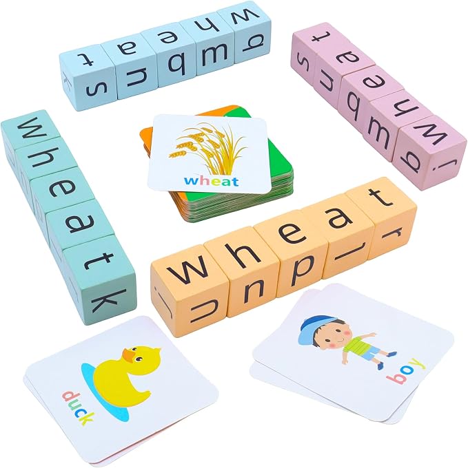 Spelling Games for Kids Ages 3-8, Phonics Matching Game with 54 Flash Cards & 20 Letter Blocks, CVC & Sight Word Building Reading Game, Classroom Must Haves for Preschool & Kindergarten