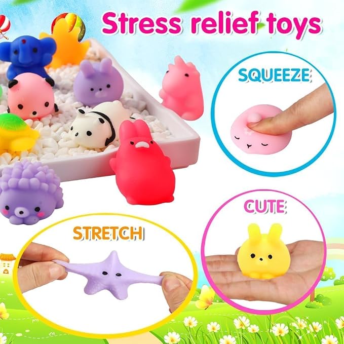 100 Pcs Mochi Squishy Toys, Animal/Fruit Squishies Party Favors for Kids | Soft and Cute Sensory Toys, Pinch Stretch Fidget Toys, Pinata Gifts Goodie Bag Stuffers,Treasure Box Toys Classroom Prizes