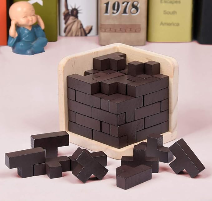 AHYUAN Wooden Brain Teaser Puzzles Cube Stocking Stuffers Wooden Puzzles T-Shaped Jigsaw Logic Puzzle Educational Games Toy for Kids and Adults (Coffee)