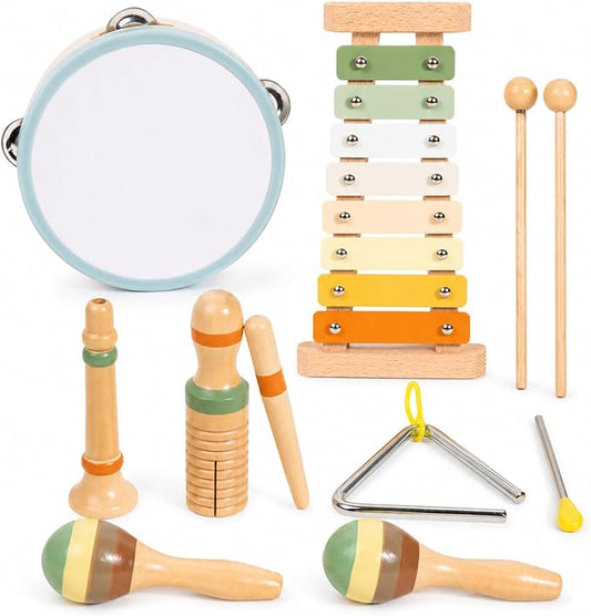 Wooden Musical Instruments, 12-Piece Montessori Percussion Set for Kids 3+ | No batteries required, combining melody, rhythm and varied sounds through open-ended exploration