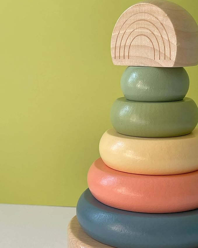 Pearhead Wooden Rainbow Stacking Ring Toy, Montessori Baby Stacker | Neutral Color Sorting Rings, Fine Motor Play, Hand-Eye Coordination, Nursery Decor, Baby or Toddler Gift, Ages 12M+