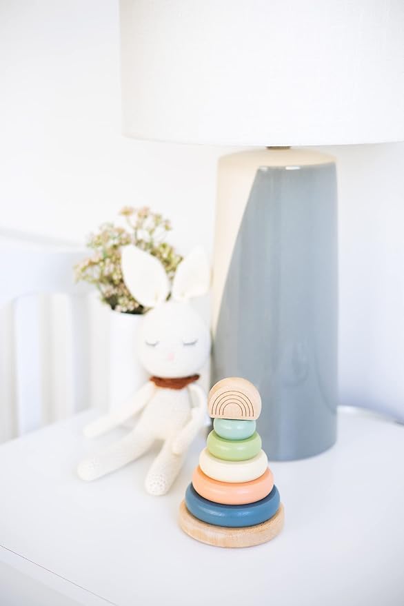 Pearhead Wooden Rainbow Stacking Ring Toy, Montessori Baby Stacker | Neutral Color Sorting Rings, Fine Motor Play, Hand-Eye Coordination, Nursery Decor, Baby or Toddler Gift, Ages 12M+