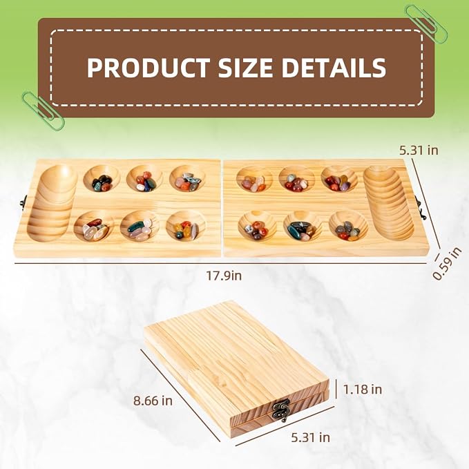 Mancala Board Game for Kids & Adult Wooden Board with Colorful Stones 2-Player Strategy & Educational Toy Party Toys | Parent-Child Time