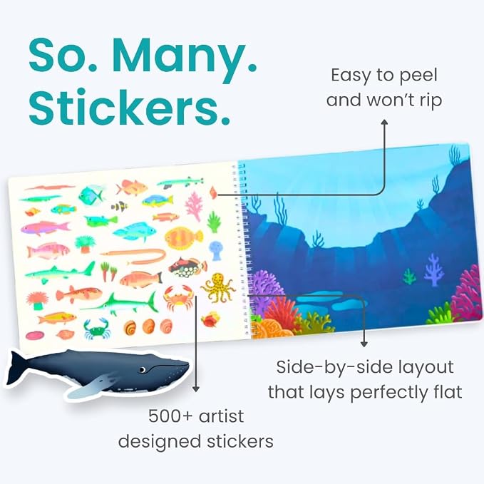 Cupkin Ocean Coloring & Sticker Activity Book | 500+ Stickers | Spiral-bound kids craft format with 12 scenes, 12 art pages, side-by-side viewing, and an easy-peel design for ages 2–8
