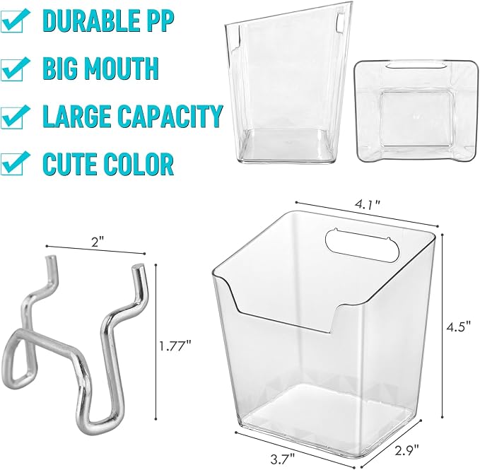 Clear Large Pegboard Cups, 6Pack Peg Board Square Storage Bins With Hooks | Big Open-Mouth Cups, 1/8" 1/4" Pegboard Organizer Accessories, Cup Holder for Craft Garage Workbench Office Tools Supplies