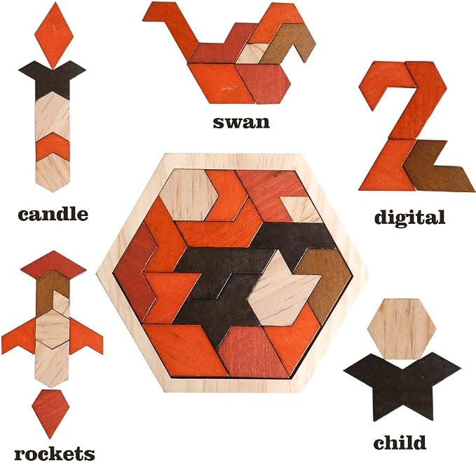 Wooden Hexagon Blocks Puzzle, STEM Brain Teaser Challenge for Kids Adults | Montessori Educational Toy, Geometric Shape Blocks, Logic IQ Game, Ideal Gift for Kids Teens Adults
