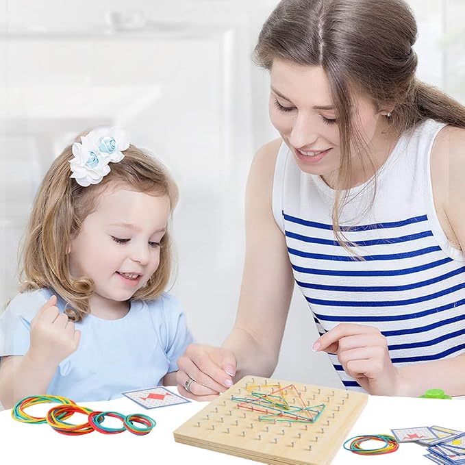 Wooden Geoboard, Montessori STEM Toy with Pattern Blocks for Kids Ages 3+ | Rubber Bands & Pattern Cards, Fine Motor Math Learning Geo Board, Classroom Home STEM Activity, Brain Teaser Educational Gift