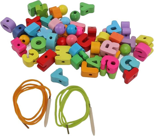 Wooden Rainbow Threading Letters Numbers Toy, 51Pcs Alphabet Lacing Beads for Kids Stringing Teachers Motor Skills Multi Color craftwood