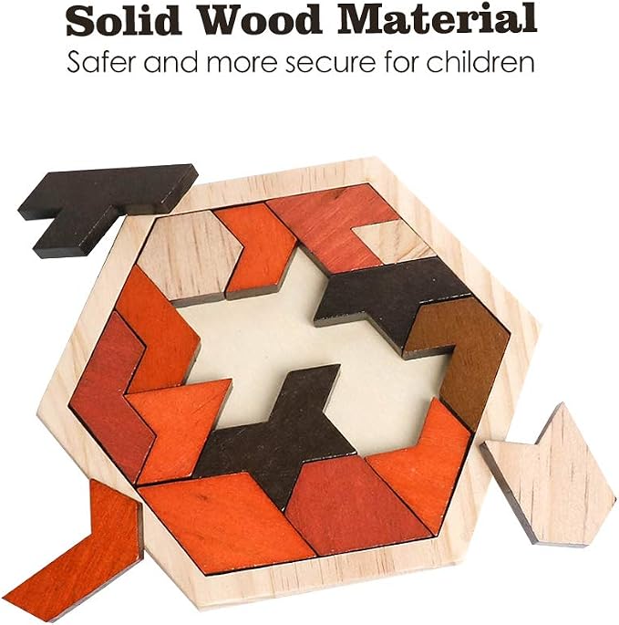 Wooden Hexagon Blocks Puzzle, STEM Brain Teaser Challenge for Kids Adults | Montessori Educational Toy, Geometric Shape Blocks, Logic IQ Game, Ideal Gift for Kids Teens Adults