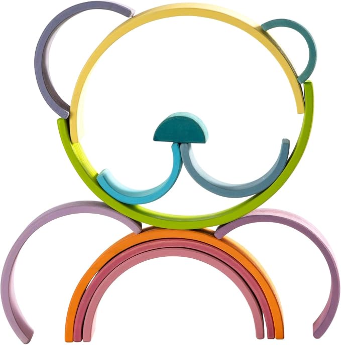 Wooden Rainbow Stacking Toy, 12 Piece Multicolor Wooden Arch Stacker, Extra Large Pastel Bow Shaped Stacking Toy, Nesting Puzzle Building Blocks Educational Toys for Kids Toddlers
