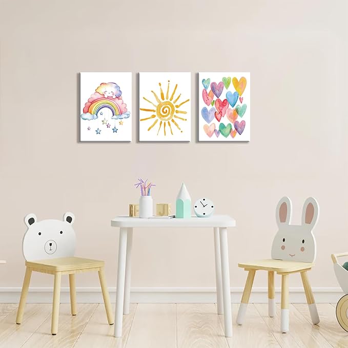 Rainbow Sun Heart Framed Canvas Wall Art,Pink Watercolor Decor 12x16in | Boho Rainbow Nursery Canvas Painting Bedroom Bathroom Classroom Wood Framed