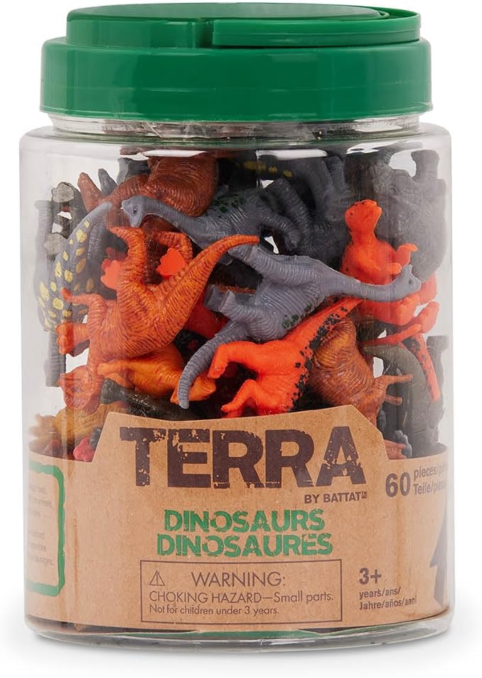 Terra by Battat Dinosaur Figures Tube, 60 Mini Plastic Dino Animals, Tubes | 60-piece mini dinosaur figures in a portable tube with 12 assorted dinosaur styles for play, collecting, crafts, 3+ Years