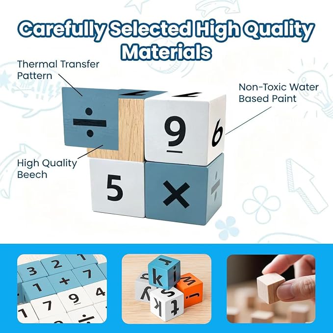 Wooden 2-in-1 Word Spelling & Math Counting Game for Kids Ages 3-6, Letter Number Puzzle Blocks with Flashcards, Educational Toy Gift for Boys and Girls, 2+ Players Family Night