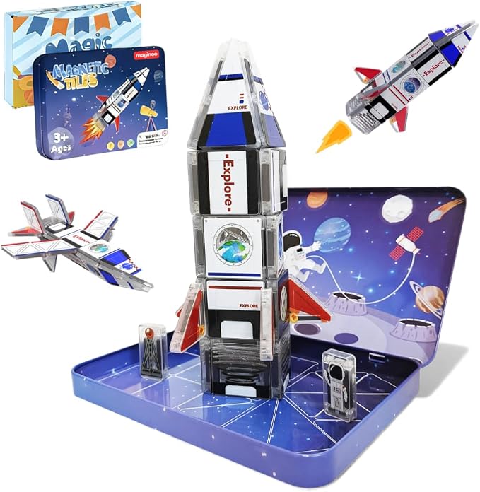42 Pcs Mini Magnetic Tiles Space Rocket Toys, STEM Building Blocks | STEM construction set with iron travel storage box. Fun birthday gift for kids, boys and girls, ages 3-8.