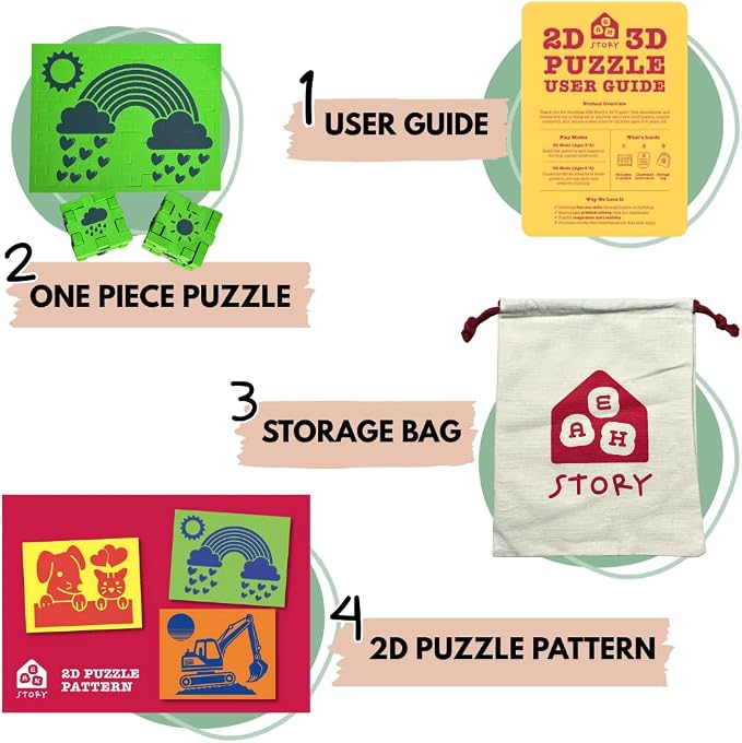 2D & 3D Foam Puzzle for Kids 3+, Rainbow & Cloud Calming Travel Toy, Quiet Screen-Free Busy Bag for Airplanes & Road Trips, Montessori STEM Fine-Motor Activity – Green