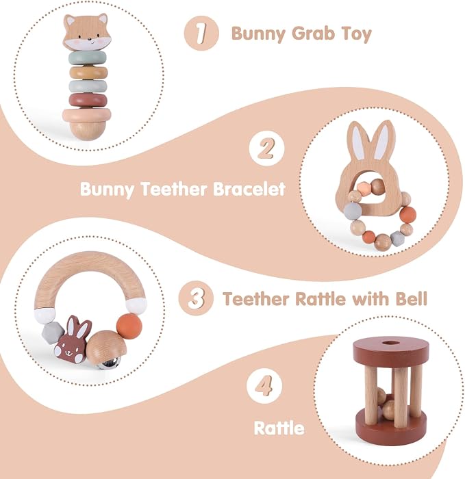 Freniland Wooden Baby Toy Set, Montessori Grasping Toys for Infants 10M+, Bunny & Bear Themed Natural Wood Sensory Toys, Fine Motor Skill Development Gift for Boys & Girls
