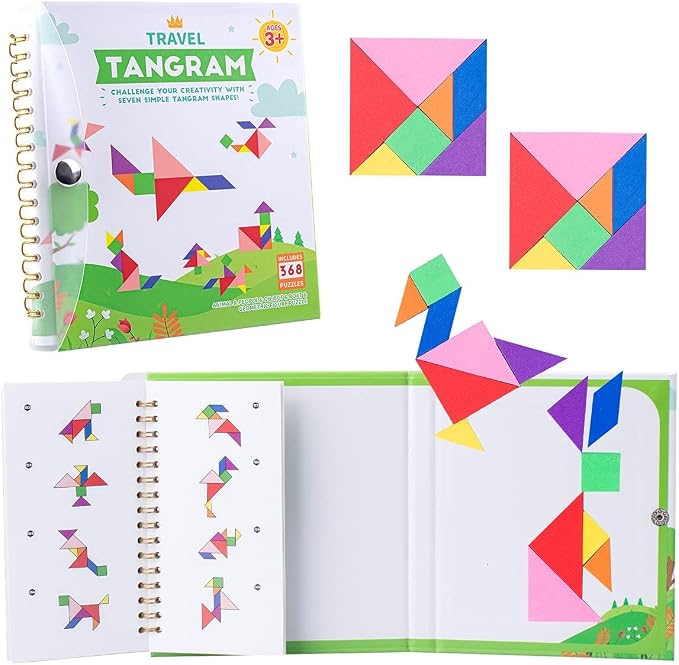 Vanmor Magnetic Tangram Puzzle for Kids – Montessori Quiet Travel Game with 368-Challenge IQ Book, Educational Magnetic Puzzle Toy for Airplanes, Car Rides, and Road Trips (Ages 4–8)