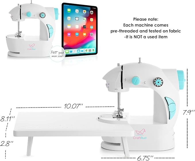 CraftBud Mini Sewing Machine for Beginners, Adults and Kids Sewing Machine | 48-Piece Sewing Kit Accessories, Portable, Dual Speed, Extension Table, Foot Pedal, Built-in Light, Guide Book & More, White