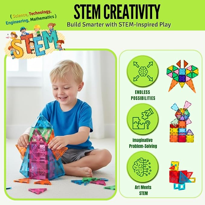 Magnetic Tiles 100 pcs with 2 Cars, STEM Building Blocks for Kids, Educational Gift, Magnet Construction Toys for Toddlers, School Teacher Supplies, Classroom Must-Haves