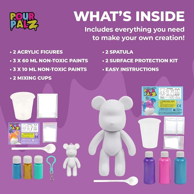 Paint Pour Bear Craft Kit, DIY Paint Pouring Art Set with Large Posable Bear (Berry Blast) & Mini Bear Keyring (Blue), Creative Arts & Crafts Activity for Kids & Adults, Gift Kit, 2 Pcs