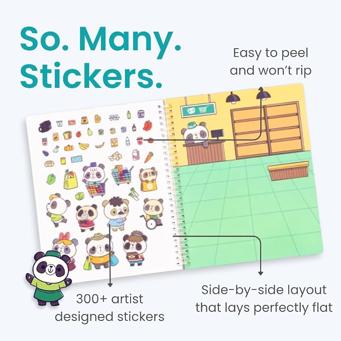 Cupkin Panda Coloring & Sticker Activity Book | 300+ Stickers | Spiral-bound kids craft format with 8 scenes, 8 art pages, side-by-side viewing, and an easy-peel design for ages 2–8