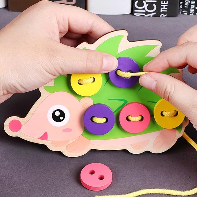 Wooden Hedgehog Lacing Button Toy, Fine Motor Skills Training | Wooden Lacing Button Toy, Sewing Training Toy, Montessori Lacing Board