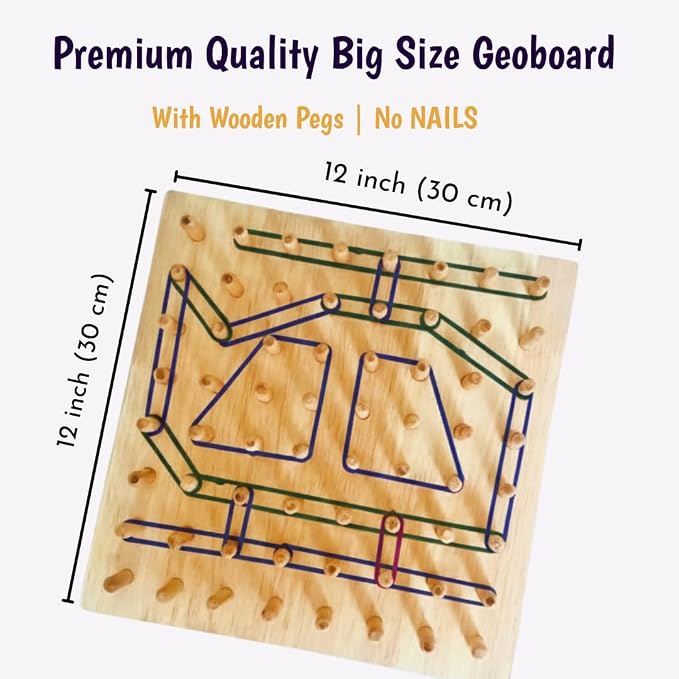 Lattooland Wooden Geoboard (8x8 Big Size) with Wooden Pegs | NO Nails | Brain Board Montessori STEM Toy for Kids | 42 Pattern Cards, Bands | Math Geometry Educational Game 3 4 5 6 Year Boys Girls