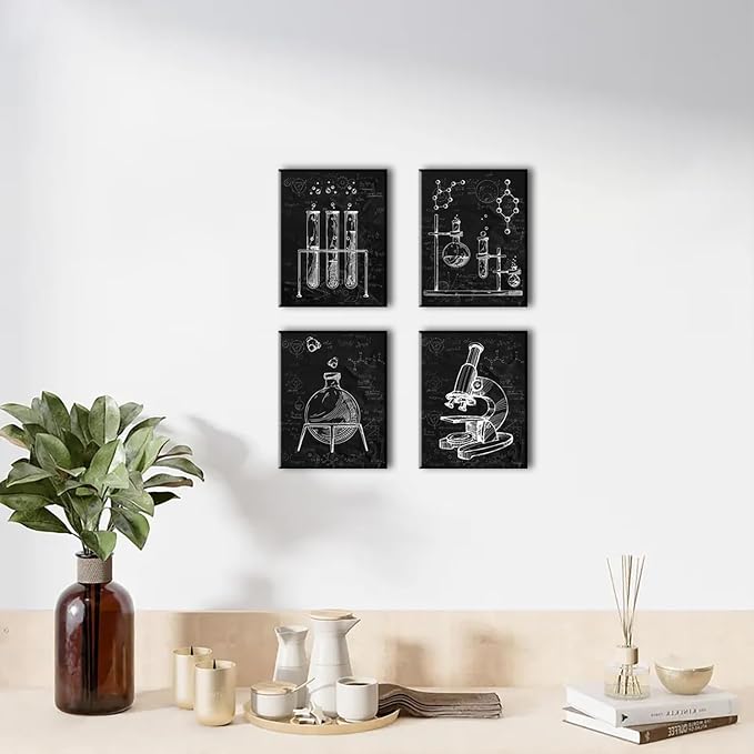 Chemistry Wall Art Black and White Science Exploration Decor 10x8Inch | Science Classroom Art Pictures for Lab Kids Playroom Bedroom Classroom Bulletin Board Decor, Set of 4 Framed