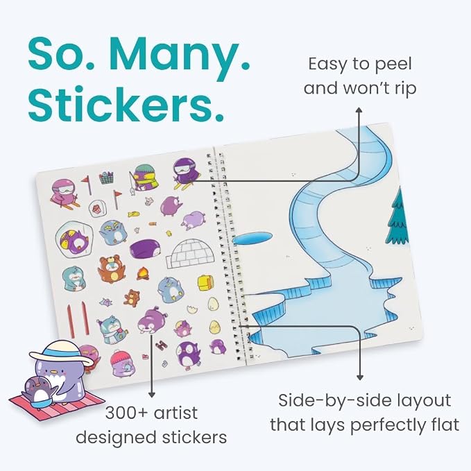 Cupkin Penguin Coloring & Sticker Activity Book | 300+ Stickers | Spiral-bound kids craft format with 8 scenes, 8 art pages, side-by-side viewing, and an easy-peel design for ages 2–8
