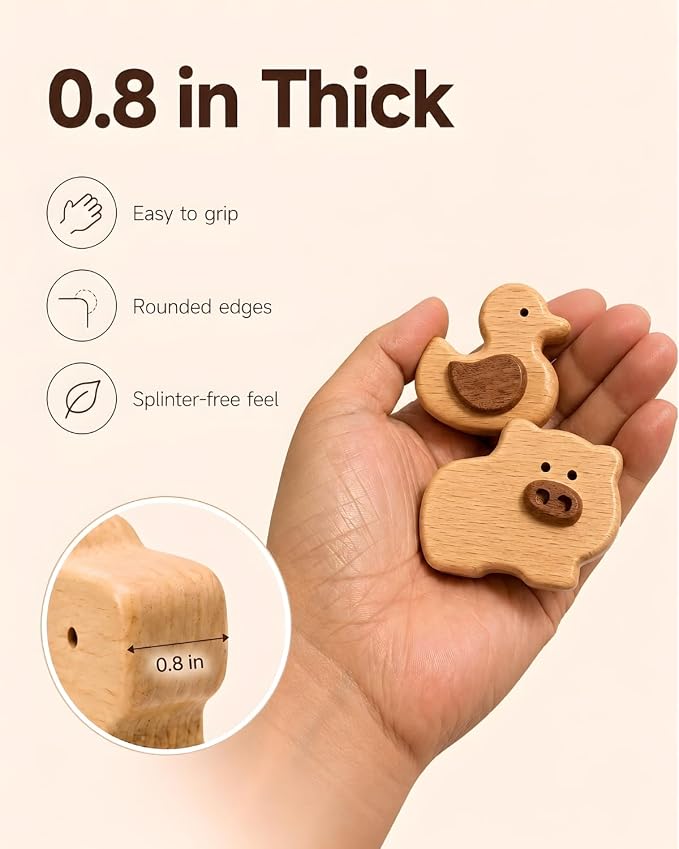 5-Piece Wooden Farm Animal Blocks for Toddlers 1-3 | Solid Beech & Sapele, Montessori Stacking Toys, 2cm Thick Choke-Safe, Birthday Gifts