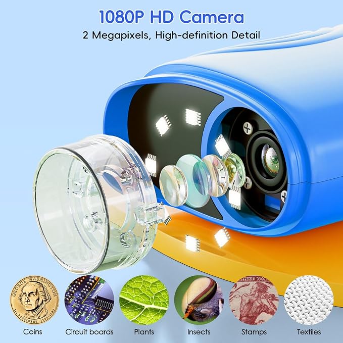 Temodu Kids Microscope 2.0" Screen 1000X Digital Microscope for Kids, Mini Pocket Handheld Microscopes for Children Birthday Festival Gift, Science Education Fun Toys for Boys Girls Ages 4-12 (Blue)