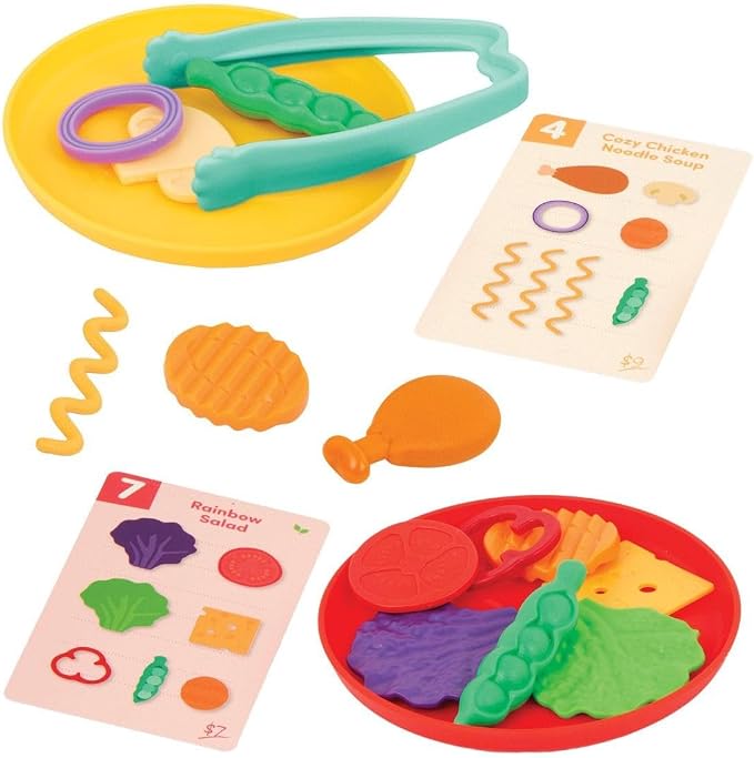 Battat Education Stir & Sort Food Court Play Food Fine Motor Game, Learning | 102-piece pretend play food set with 74 food pieces, tongs, bowls, plates, recipe cards, spinner and wooden tray, 3+ Years