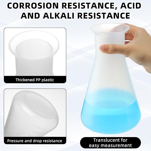 DoubleFill 20 Pcs Plastic Beakers for Kids Class and Party, Scientific Conical Flask, Laboratory Chemical Erlenmeyer Education Learning Tool, 50ml, 100ml, 250ml, 500ml, 1000ml